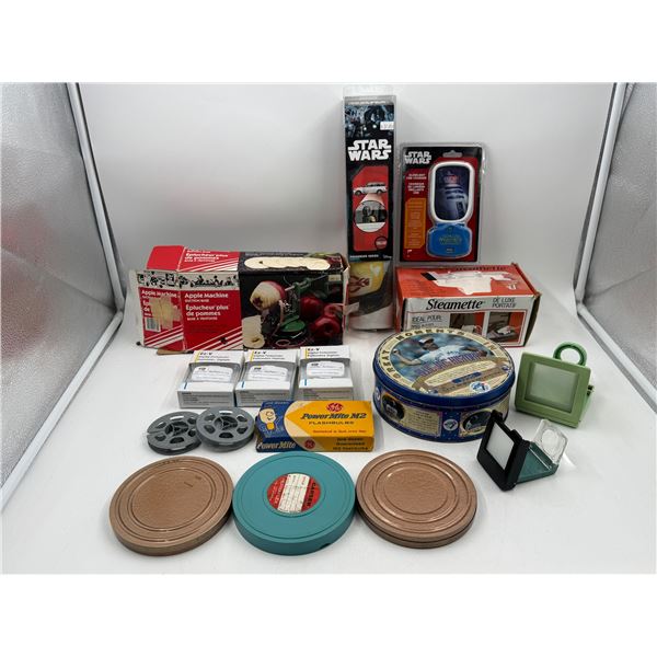 Variety Lot w/ Star Wars Car Window Decal, VTG Flash Bulbs, Reel Tins, & More
