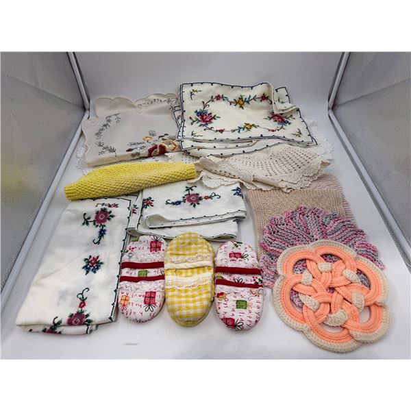 Lot of Crochet Doilies, Table Linens, & Slippers