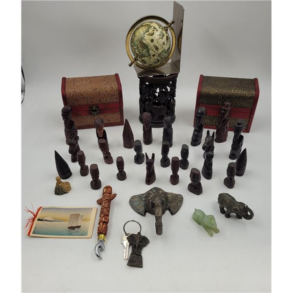 Variety Lot: African Figurines, Elephants, Totem Bottle Opener, Chests, & More