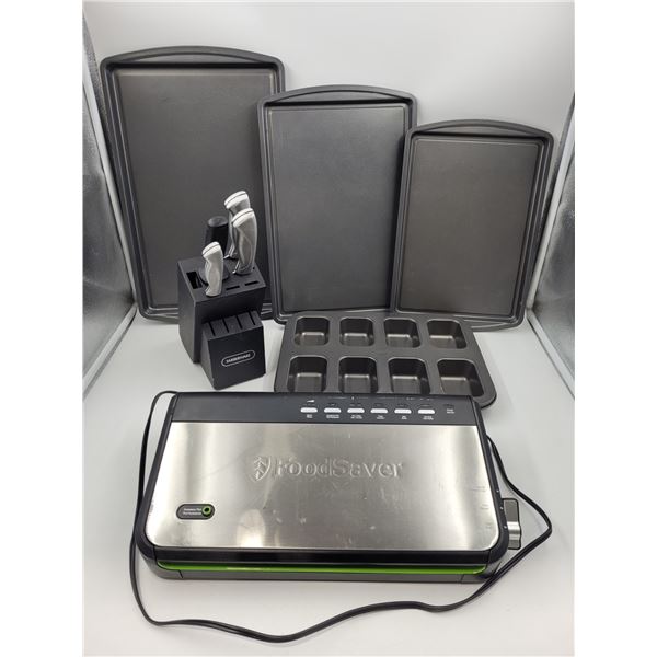 Kitchenware: Knife Block + Knives, Baking Sheets, & Foodsaver