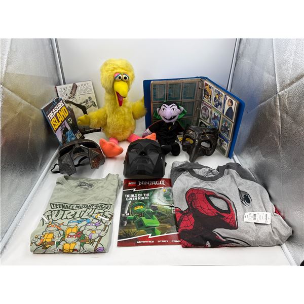 Variety Lot: Sports Cards, T-Shirts, Masks, Sesame Street Dolls, & More