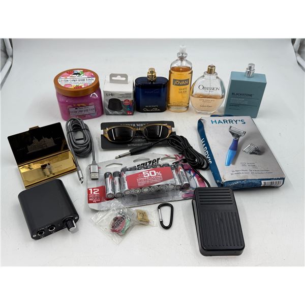 Variety Lot: Cologne, Razor, Glasses, Charging Cable, Batteries, & More