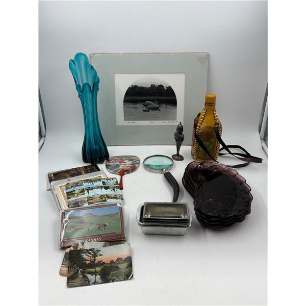 Variety Lot: At Glass Vase, Purple Glass Tea Plates, Postcards, & More