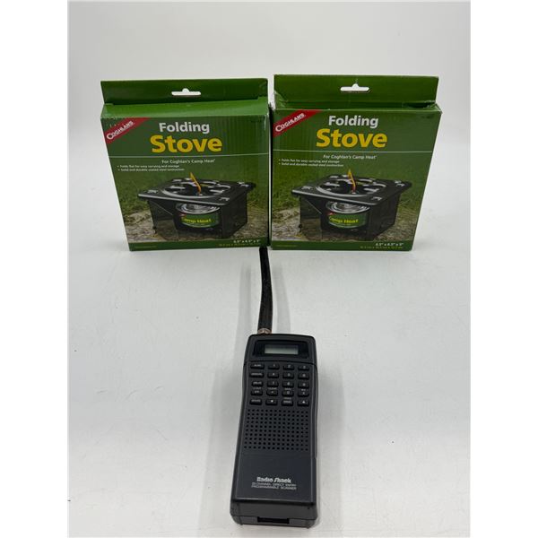 2 New Folding Stoves & Radio Shack Walkie Talkie