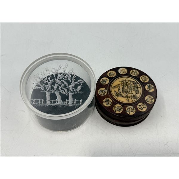 Vintage Scrimshaw Carved & Inlaid Wood Zodiac Compass