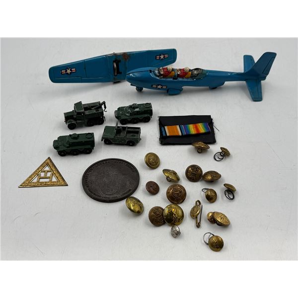Vintage Variety: Tin Airplane Toy, Military Buttons, Toy Tanks, & More