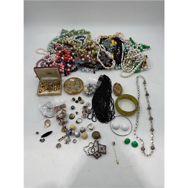 Assorted Jewelry, Compact Mirror, Thimbles, Cufflinks