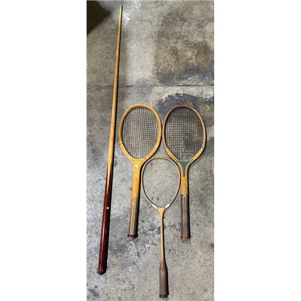 3 Vintage Rackets & Pool Cue