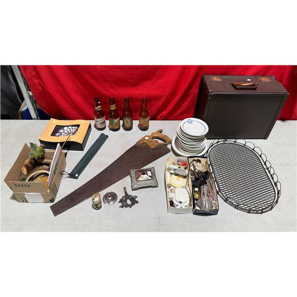 Variety Lot: Saw, Iron Folding Tray, Beer Bottles, Vancouver Masonic Plates, & More