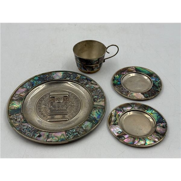 Mexican Silver Teacup, Saucers, & Wall Hanger