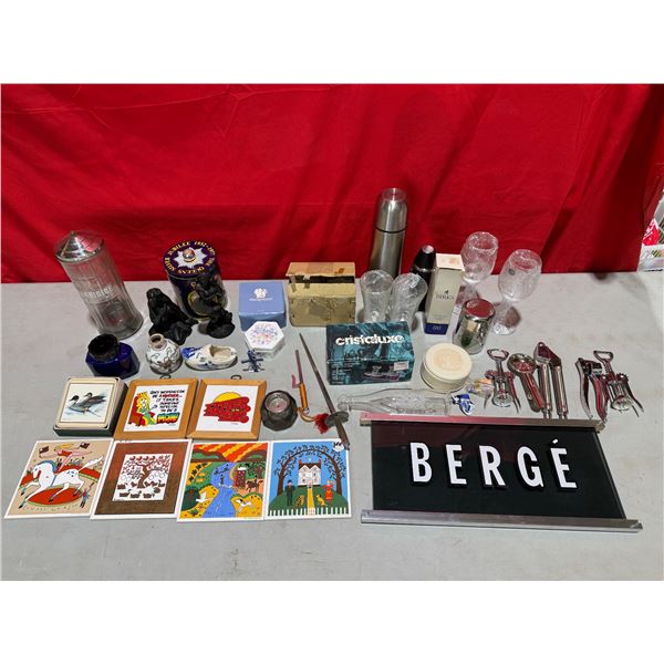 Variety Lot: Porcelain Tiles, Barbicide Jar, Barware, Name Sign, & More