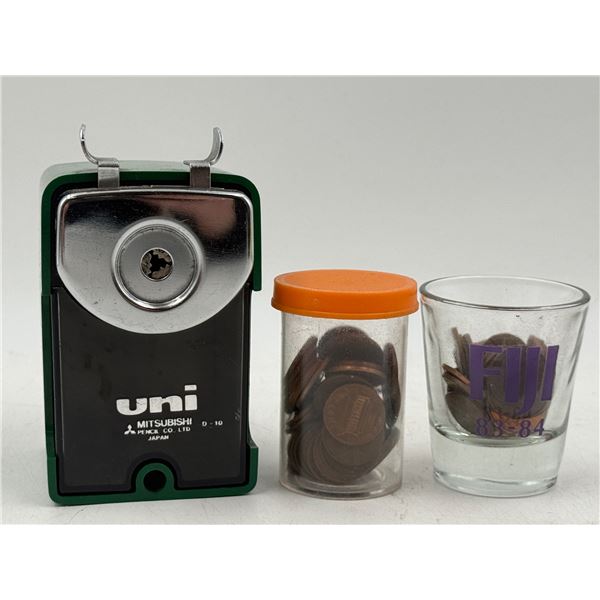 Vintage Uni Mitsubishi Pencil Sharpener And Pennies