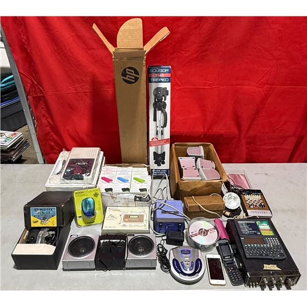 Variety Lot: Vintage Stimulator, Tripod, Charge Banks, Cellphones, & More