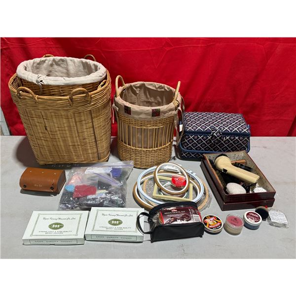Variety Lot: Wicker Baskets, Shoe Cleaner/Product, Sewing Basket