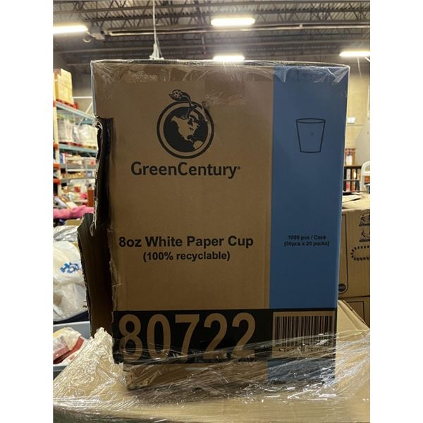 NEW CASE OF GREEN CENTURY 8OZ WHITE PAPER CUPS 1000 CUPS PER CASE (50X20 SLEEVES)