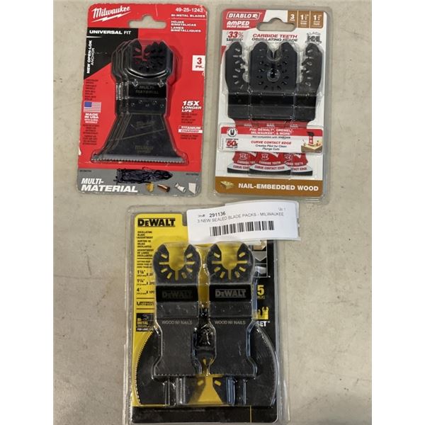3 NEW SEALED BLADE PACKS - MILWAUKEE BI-METAL BLADES, DEWALT OSCILLATING BLADES, AND DIABLO OSCILLAT
