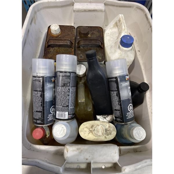 LOT OF 3 TOTES OF BRUSHES STARPS AND SHOP LIQUIDS