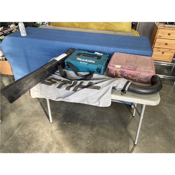 STIHL BLOWER BAG AND VAC TUBE, MAKITA HARD TOOL BOX, AND BIN OF HOSE FITTINGS
