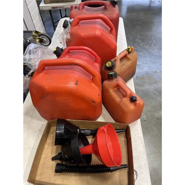 6 JERRY CANS AND 3 FUNNELS