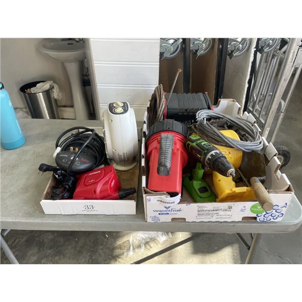 2 TRAYS OF TOOLS, FAN, CABLES, ETC
