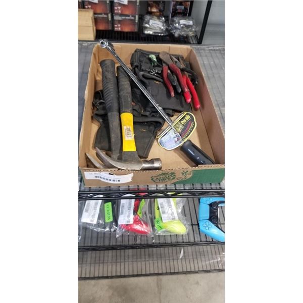 TRAY OF ASSORTED TOOLS - HAMMER, TORQUE WRENCH, PLIERS, ETC