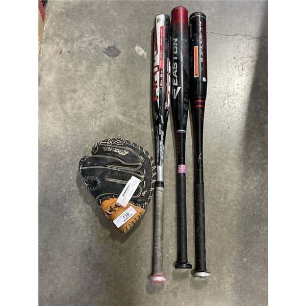 THREE SLOW PITCH BATS EASTON RONIN 34/26, WORTH SINISTER 34/26, LOUISVILLE SLUGGER ARMOR 34/28 WITH 