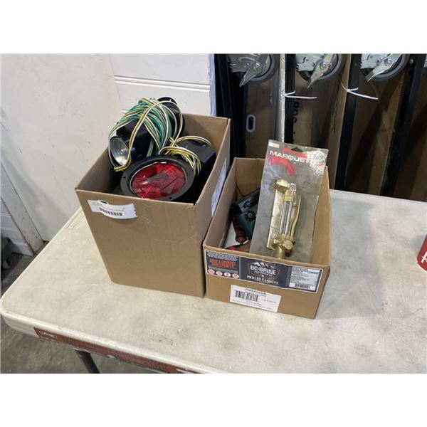 2 BOXES OF CAR LIGHTS AND ASSORTED TOOLS