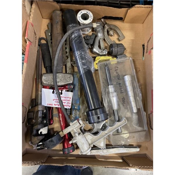 TRAY OF FLARES TUBING TOOLS VACCUM PUMP AND FLASHLIGHTS