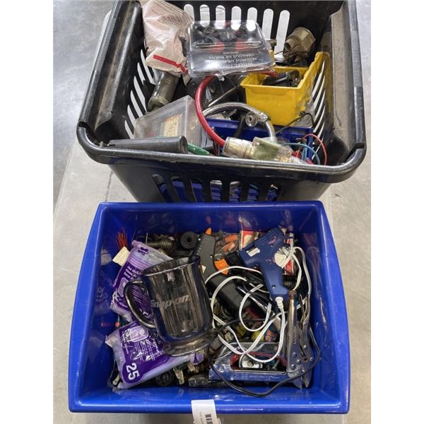 2 TOTES OF ASSORTED HARDWARE AND SHOP SUPPLIES