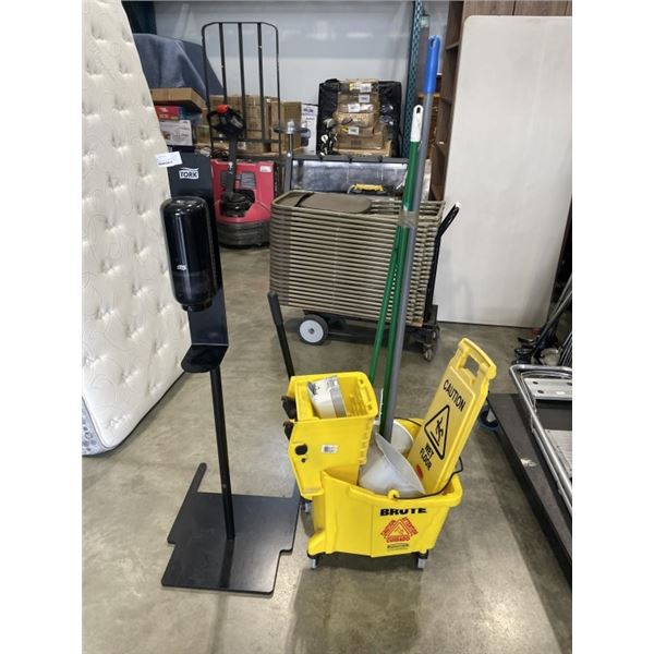 RUBBERMAID MOP BUCKET WITH WET FLOOR SIGN, MOTION SANITIZER DISPENSER WORKING, WRINGER AND MOP