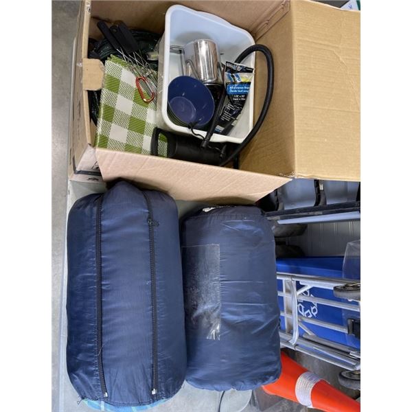 BOX OF CAMPING GEAR - SLEEPING BAGS, CAMP STOVE, COFFEE MAKER