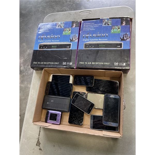 2 NEW OLD STOCK SATELITE RECEIVERS AND TRAY OF ASSORTED VINTAGE CELLPHONES