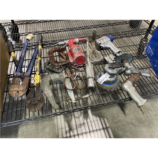 LOT OF C CLAMPS BOLT CUTTERS AND AIR TOOLS