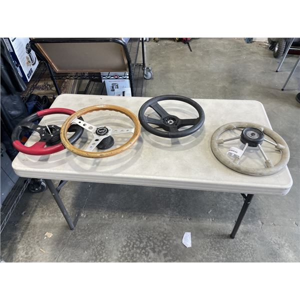 3 RACING STEERING WHEELS AND WOODEN WHEEL
