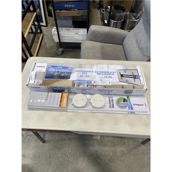 SANUS 32 - 85 INCH EXTENDABLE TILT TV WALL MOUNT, WITH LEGRAND IN WALL GROMMET KIT