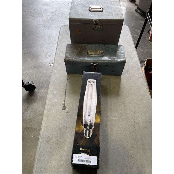 2 METAL TOOL BOXES AND GROW BULB