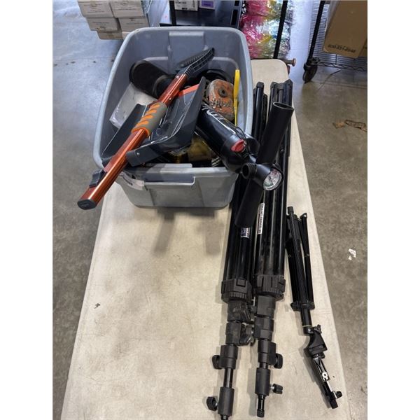 2 TRIPODS AND 2 BOXES OF TOOLS - TIRE INFLATOR, WORK LIGHT, PUMP, ETC