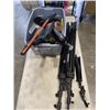 Image 1 : 2 TRIPODS AND 2 BOXES OF TOOLS - TIRE INFLATOR, WORK LIGHT, PUMP, ETC