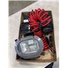 Image 4 : 2 TRIPODS AND 2 BOXES OF TOOLS - TIRE INFLATOR, WORK LIGHT, PUMP, ETC