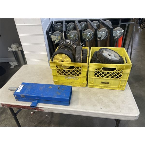 MOTORCYCLE JACK AND 2 CRATES OF VARIOUS WHEELS