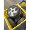 Image 3 : MOTORCYCLE JACK AND 2 CRATES OF VARIOUS WHEELS