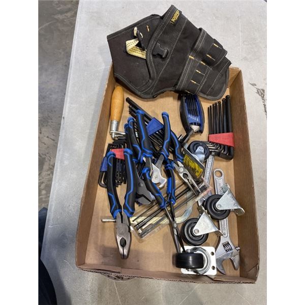 TRAY OF ASSORTED TOOLS - PLIERS,  CASTERS, WRENCHES, ETC