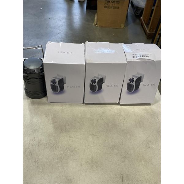 3 NEW OUTLET PLUG IN HEATERS AND MAGNETIC LIGHT