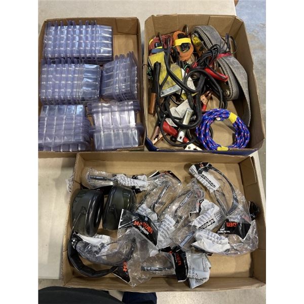 3 TRAYS OF PROTECTIVE GEAR, JUMPER CABLES, RATCHET STRAPS, ETC