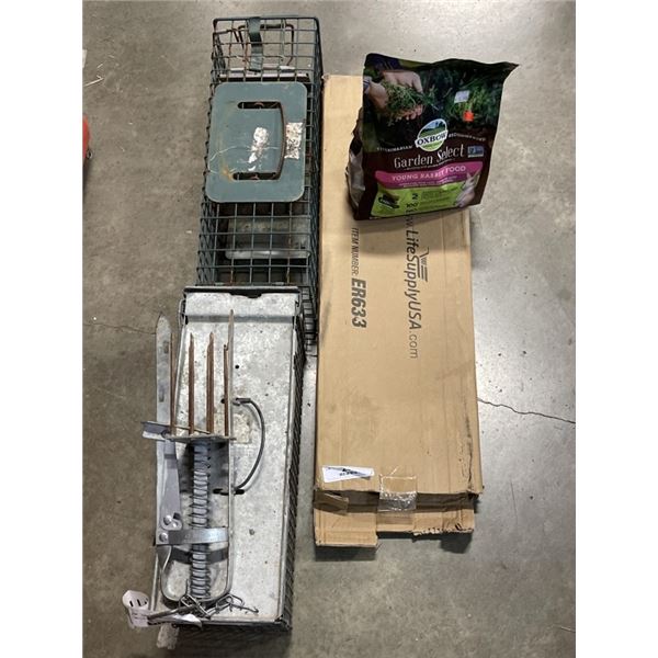 TWO LIVE ANIMAL TRAPS AND BAG OF RABBIT FOOD WITH SNAP TRAP AND MOLE TRAP