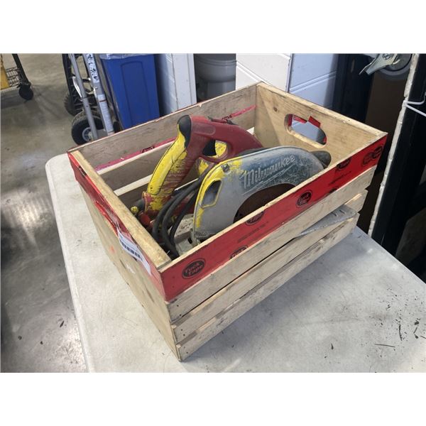 CRATE OF HAND TOOLS AND MILLWAKE CIRCULAR SAW