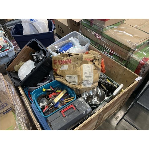 PALLET OF ASSORTED TOOLS AND SHOP SUPPLY, CRATE INCLUDED, MUST TAKE ALL