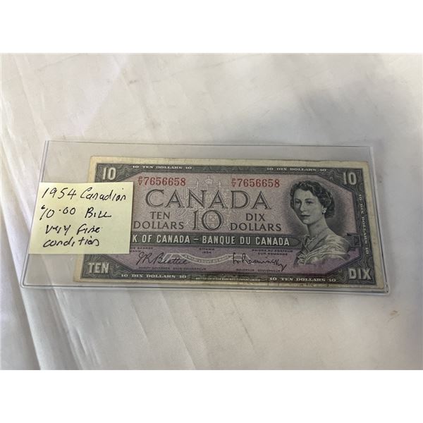 1954 CANADIAN $10 BILL VERY FINE CONDITION