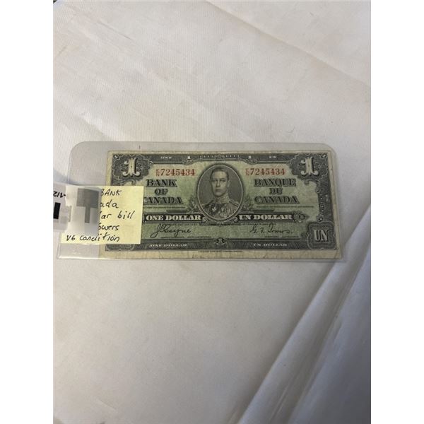 1937 BANK OF CANADA ONE DOLLAR BILL CONYE/ TOWERS VG CONDITION