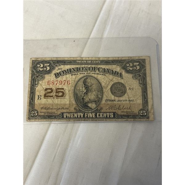 1923 DOMINION OF CANADA 25 CENT BILL JULY 2, 1923